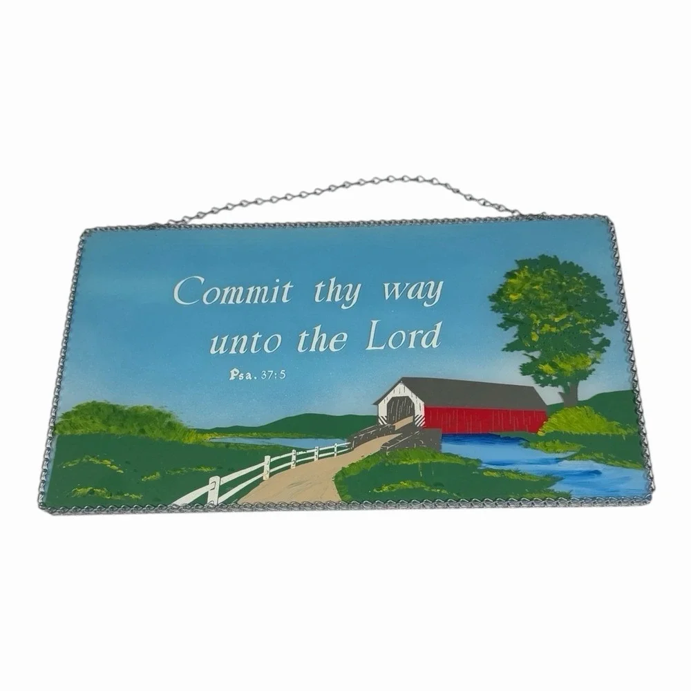 Vtg Mirrored Glass Hand Painted Religious Christian Decor Sign Barn Chain Link